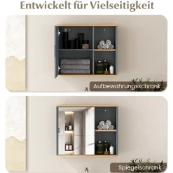 Verspiegelter Medizinschrank Badezimmerschrank mit Einzelner Spiegeltür 60 x 20 x 52 cm Grau
