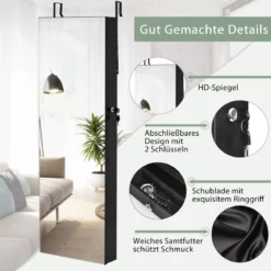 Verspiegelter Schmuckschrank Abschließbar Wand- / Türmontage 36 x 10 x 108 cm Schwarz