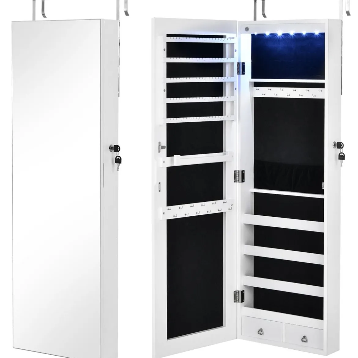 Verspiegelter Schmuckschrank Abschließbar Wand- / Türmontage 36 x 10 x 108 cm Weiß