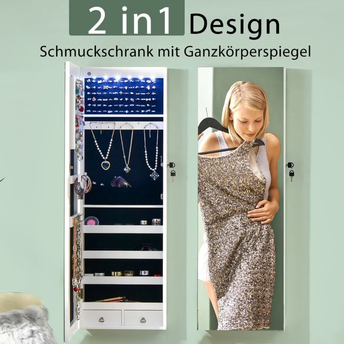 Verspiegelter Schmuckschrank Abschließbar Wand- / Türmontage 36 x 10 x 108 cm Weiß