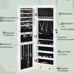 Verspiegelter Schmuckschrank Abschließbar Wand- / Türmontage 36 x 10 x 108 cm Weiß