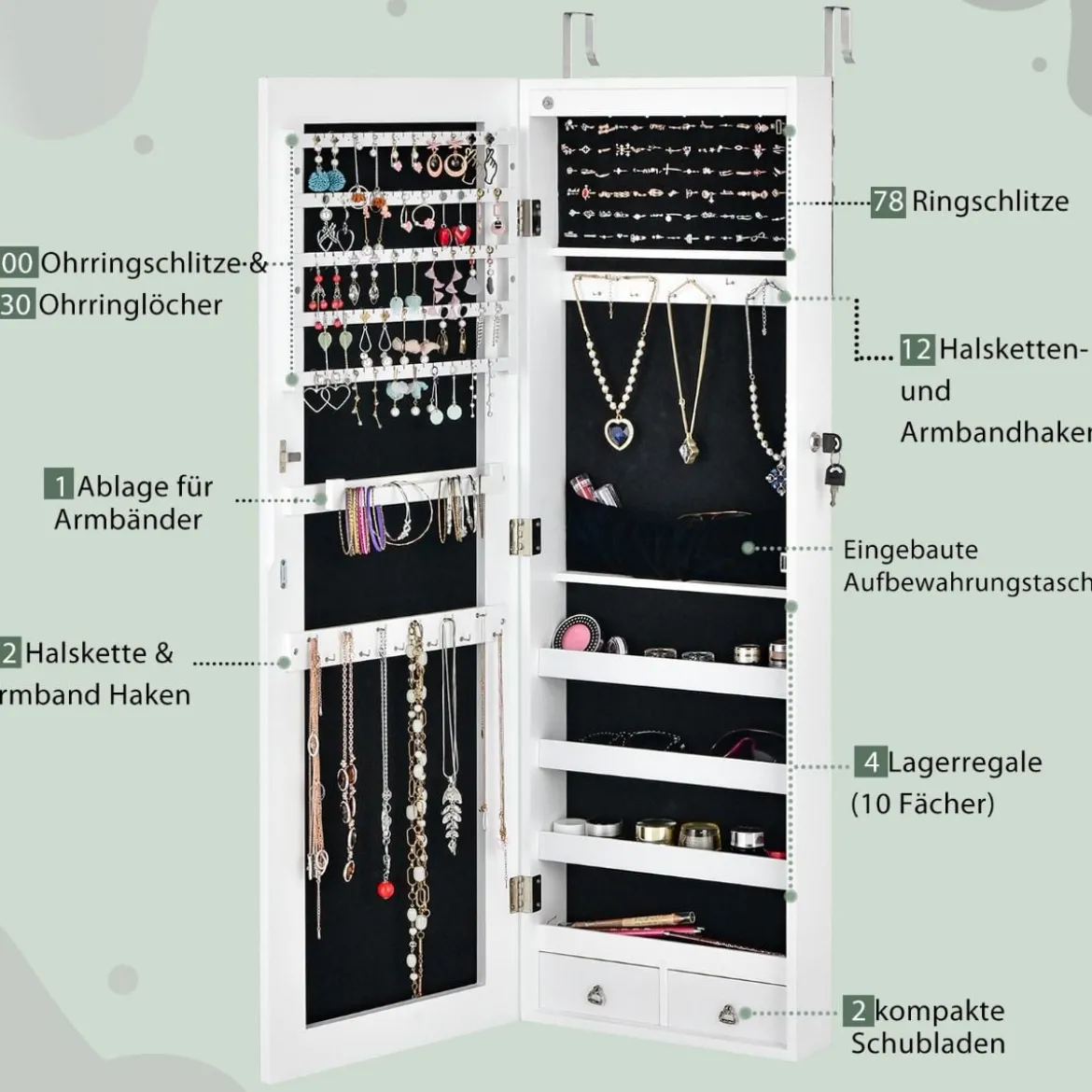 Verspiegelter Schmuckschrank Abschließbar Wand- / Türmontage 36 x 10 x 108 cm Weiß