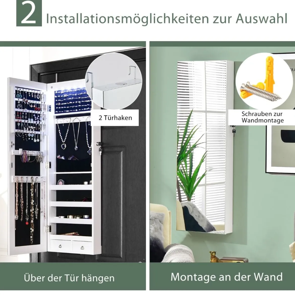Verspiegelter Schmuckschrank Abschließbar Wand- / Türmontage 36 x 10 x 108 cm Weiß