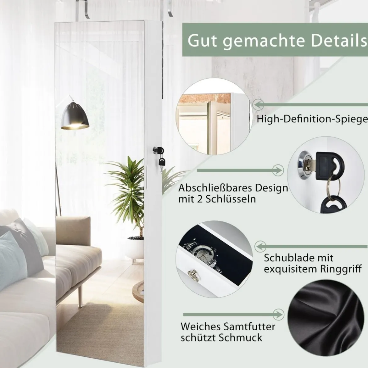 Verspiegelter Schmuckschrank Abschließbar Wand- / Türmontage 36 x 10 x 108 cm Weiß