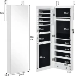 Verspiegelter Schmuckschrank Abschließbar Wand- / Türmontage 36 x 10 x 108 cm Weiß