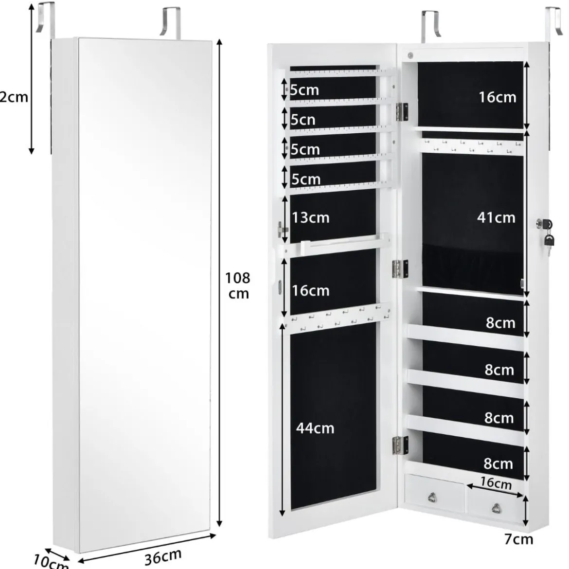 Verspiegelter Schmuckschrank Abschließbar Wand- / Türmontage 36 x 10 x 108 cm Weiß