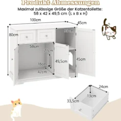 Versteck für die Katzentoilette mit 2 Schubladen & 3 Türen Holz Katzenschrank Katzenmöbel