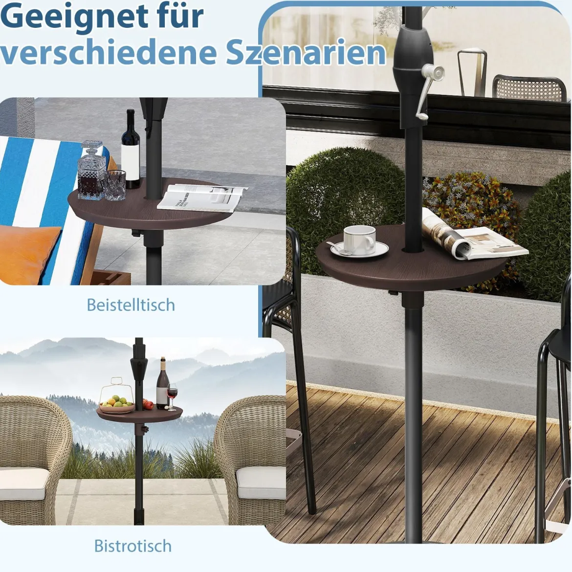 Verstellbarer Sonnenschirm-Tisch mit Schirmloch für 38-48mm Schirmstange Schirmtisch Kaffee