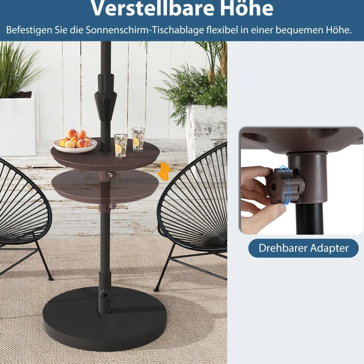 Verstellbarer Sonnenschirm-Tisch mit Schirmloch für 38-48mm Schirmstange Schirmtisch Kaffee