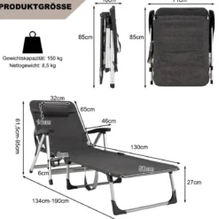 Verstellbare Sonnenliege Outdoor-Loungesessel 134-190 x 71 x 61,5-95 cm Grau