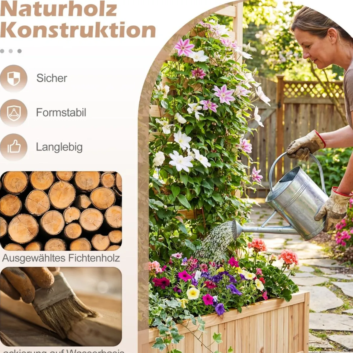 Vertikales Hochbeet aus Fichtenholz mit Spalier & Drainage Blumenkasten mit Sichtschutz Natur