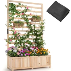 Vertikales Hochbeet aus Fichtenholz mit Spalier & Drainage Blumenkasten mit Sichtschutz Natur