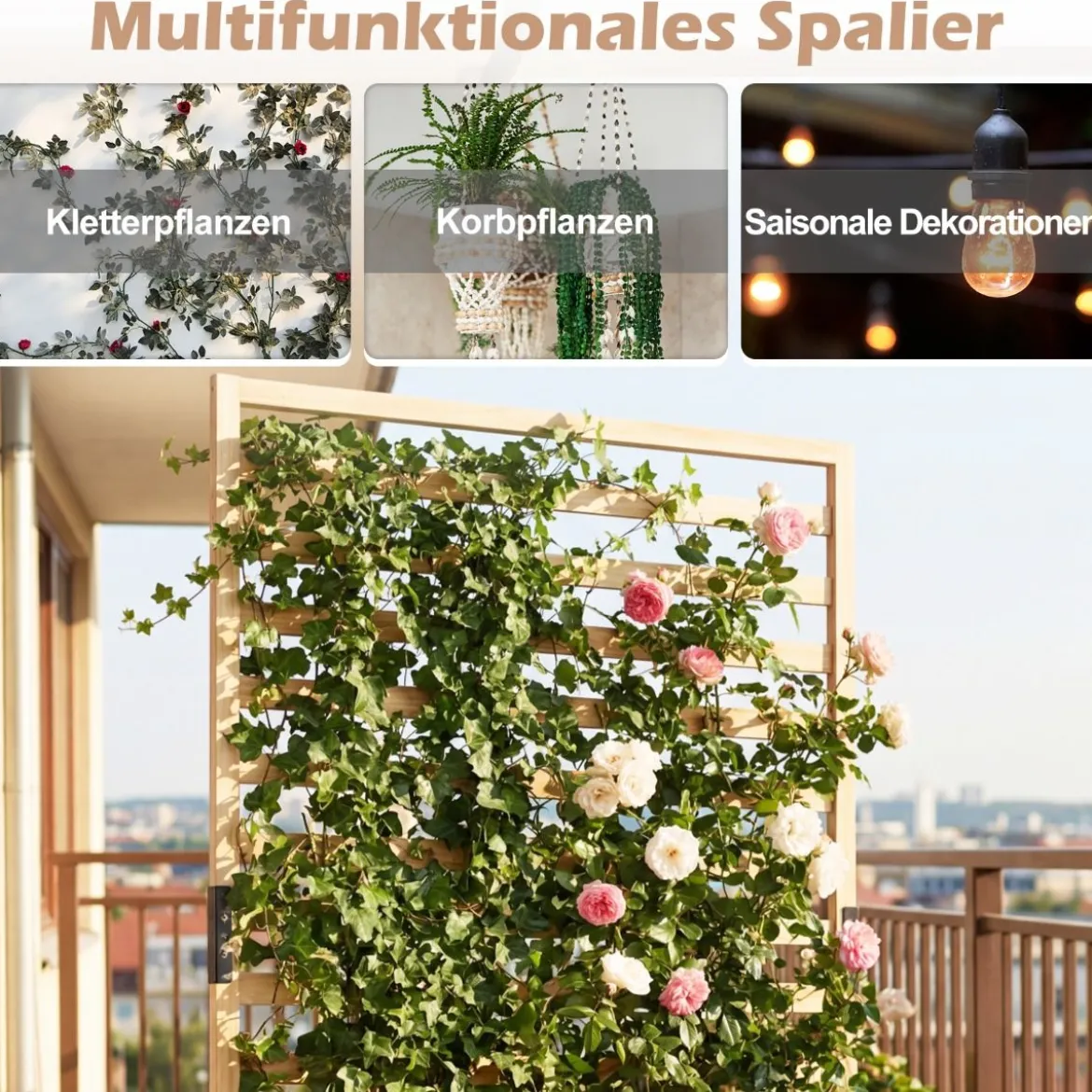 Vertikales Hochbeet aus Fichtenholz mit Spalier & Drainage Blumenkasten mit Sichtschutz Natur