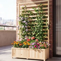 Vertikales Hochbeet aus Fichtenholz mit Spalier & Drainage Blumenkasten mit Sichtschutz Natur