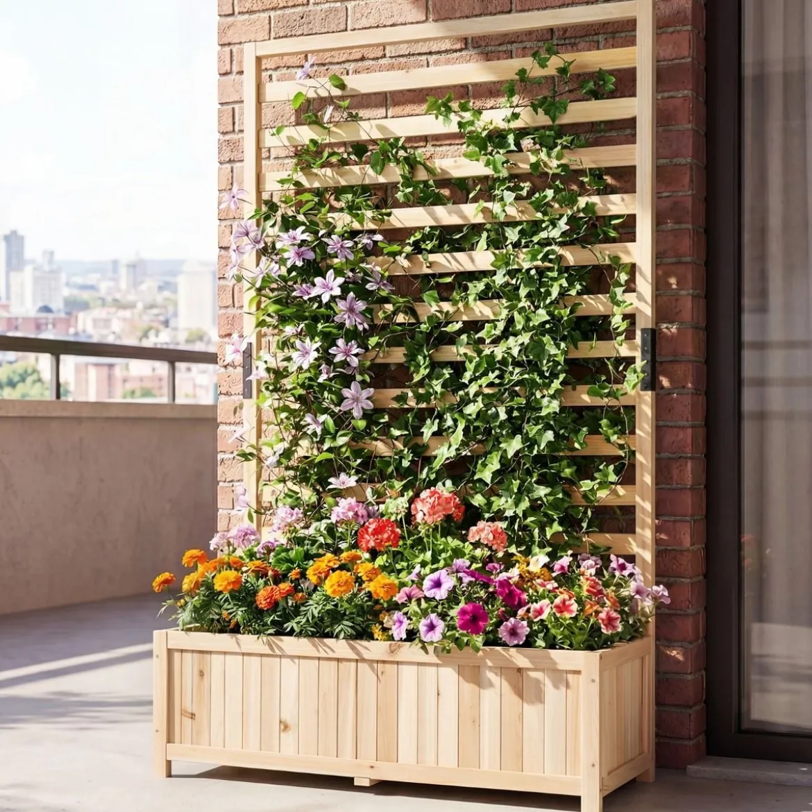 Vertikales Hochbeet aus Fichtenholz mit Spalier & Drainage Blumenkasten mit Sichtschutz Natur