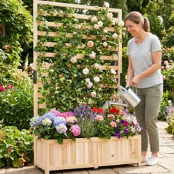 Vertikales Hochbeet aus Fichtenholz mit Spalier & Drainage Blumenkasten mit Sichtschutz Natur