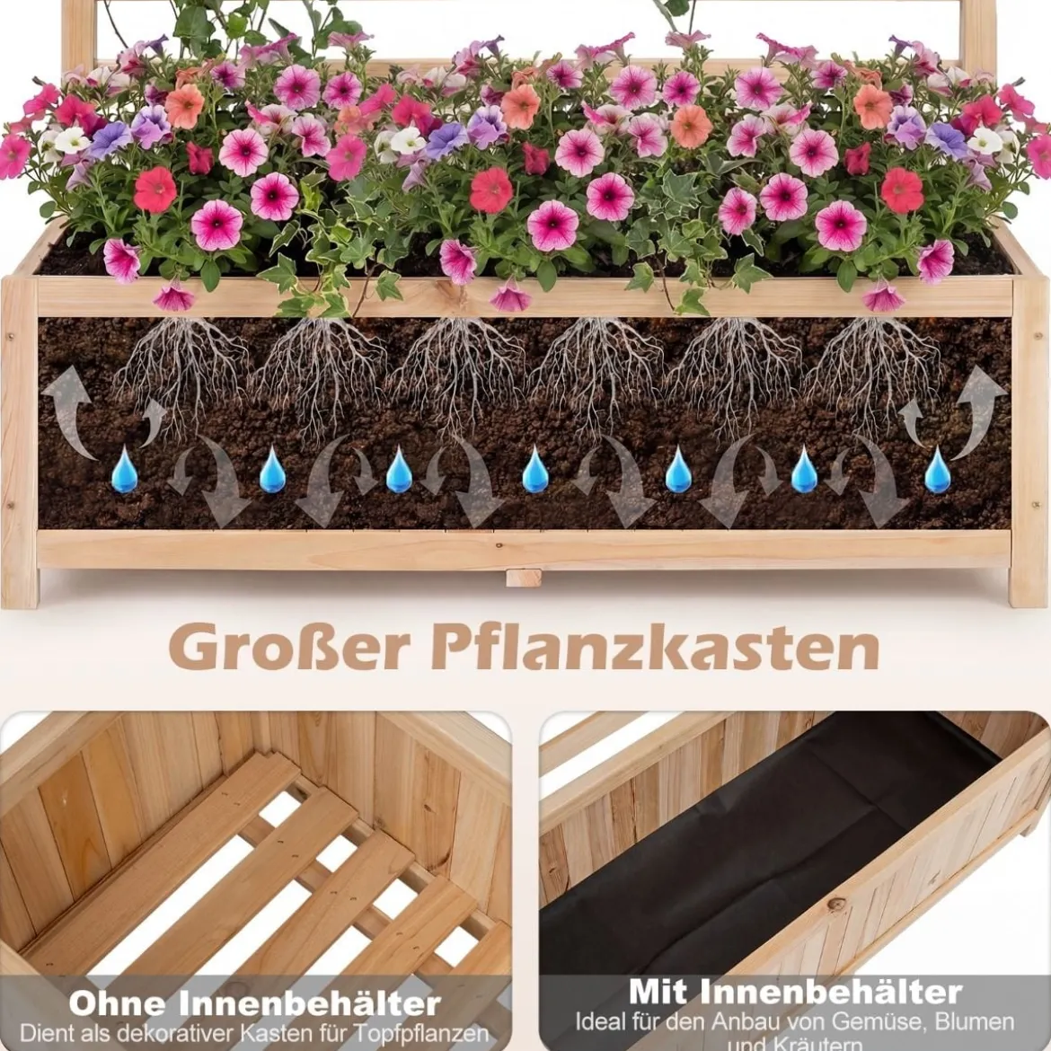 Vertikales Hochbeet aus Fichtenholz mit Spalier & Drainage Blumenkasten mit Sichtschutz Natur