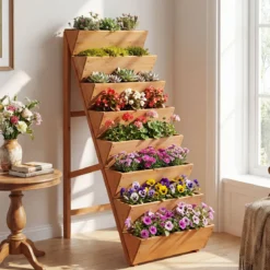 Vertikales Hochbeet mit 8 Etagen aus Tannenholz Blumenbeet mit Pflanzkästen Blumentreppe Orange