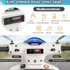 VESPA Kinder Motorrad mit LED-Scheinwerfer & Hupe Elektro Kindermotorrad Elektrofahrzeug Weiß