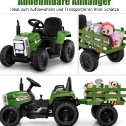 12V 3-Gang Traktor mit Abnehmbarem Anhänger & 2,4G Fernbedienung Kinder Aufsitztraktor