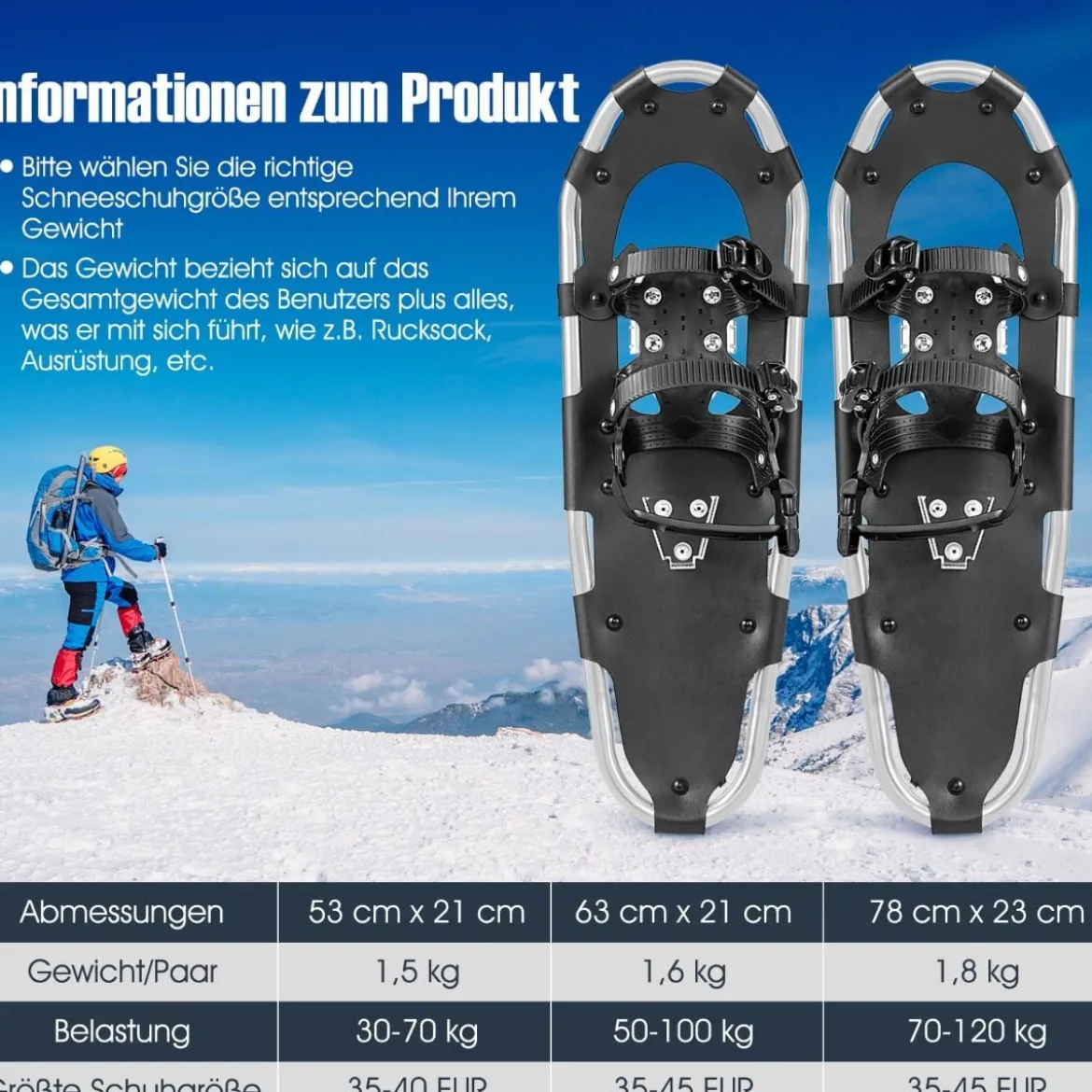 Vielseitiges Schneeschuhe-Set 53 cm ergonomische Schneeschuhe mit Doppel-Ratschenbindungssystem Silber