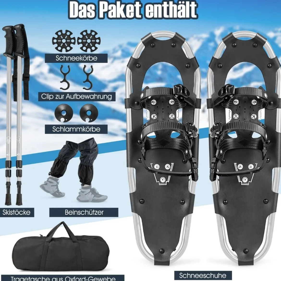 Vielseitiges Schneeschuhe-Set 63 cm ergonomische Schneeschuhe mit Doppel-Ratschenbindungssystem Silber