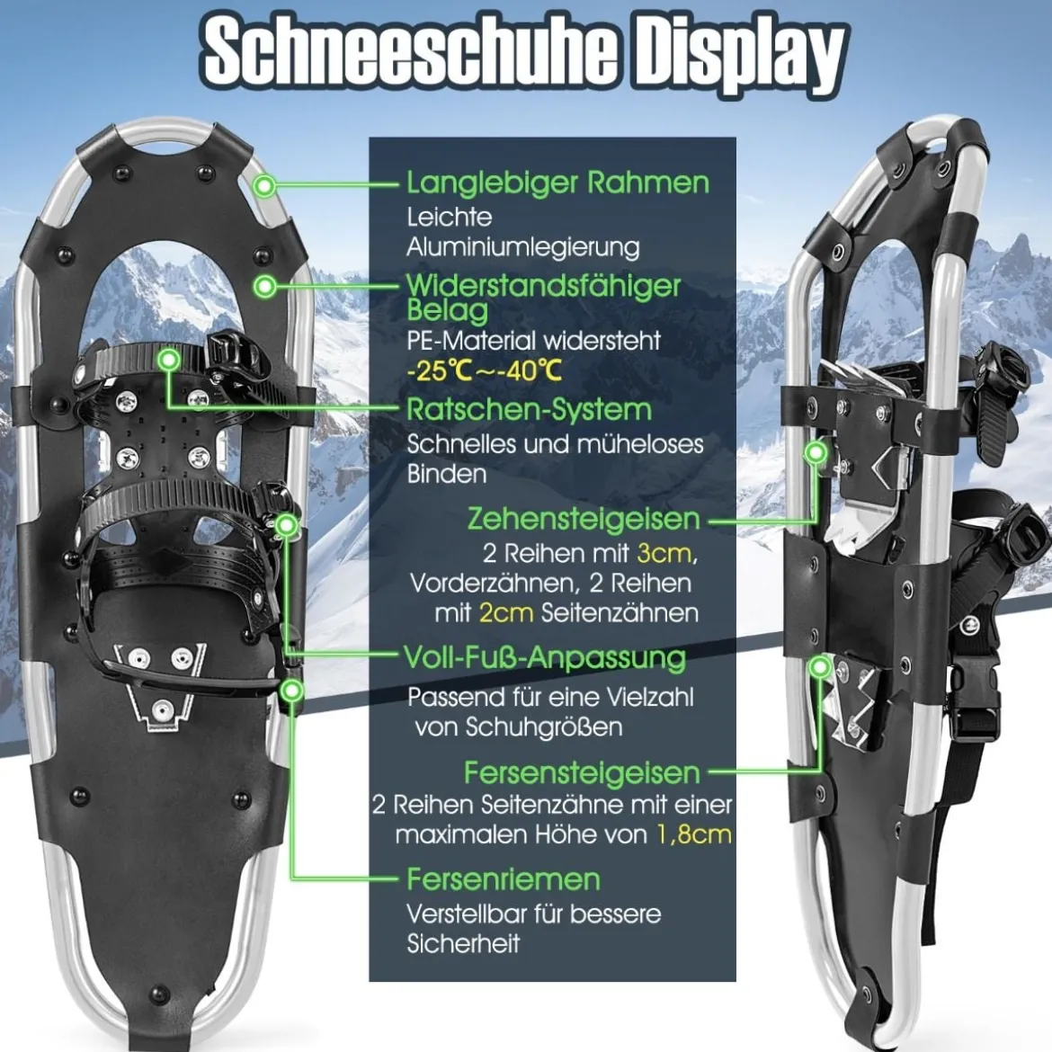 Vielseitiges Schneeschuhe-Set 63 cm ergonomische Schneeschuhe mit Doppel-Ratschenbindungssystem Silber