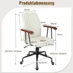Vintage gepolsterter Bürostuhl mit Armlehnen aus Gummiholz und 5-Krallen-Metallfuß höhenverstellbarer Rollstuhl aus SamtBeige