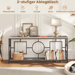 Vintage Konsolentisch 180cm Flurtisch mit 2 Ebenen Sofatisch schmal mit Metallgestell