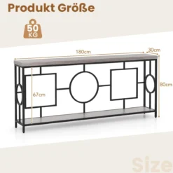 Vintage Konsolentisch 180cm Flurtisch mit 2 Ebenen Sofatisch schmal mit Metallgestell