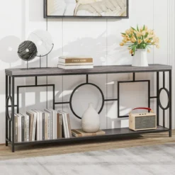 Vintage Konsolentisch 180cm Flurtisch mit 2 Ebenen Sofatisch schmal mit Metallgestell
