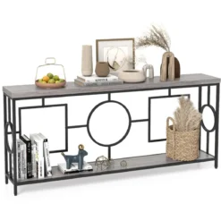 Vintage Konsolentisch 180cm Flurtisch mit 2 Ebenen Sofatisch schmal mit Metallgestell