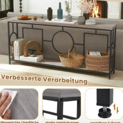 Vintage Konsolentisch 180cm Flurtisch mit 2 Ebenen Sofatisch schmal mit Metallgestell