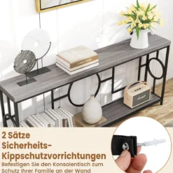 Vintage Konsolentisch 180cm Flurtisch mit 2 Ebenen Sofatisch schmal mit Metallgestell