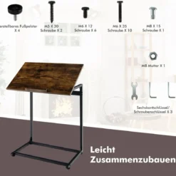 Vintage Laptoptisch mit verstellbarer Tischplatte & Stopper C-förmiger Beistelltisch 57 x 37 x 67,5cm Braun