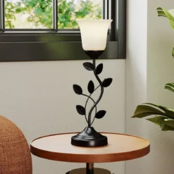 Vintage Nachttischlampe mit Tulpen-Glaslampenschirm & Metallblättern Retro Nachttischlampe