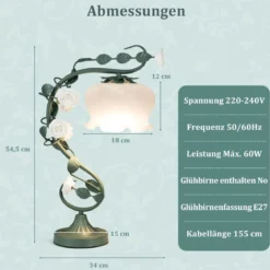 Vintage Nachttischlampe mit Maiglöckchen-Glasschirm & 6 Keramikrosen & Metallblätter Retro Tischlampe