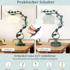 Vintage Nachttischlampe mit Maiglöckchen-Glasschirm & 6 Keramikrosen & Metallblätter Retro Tischlampe