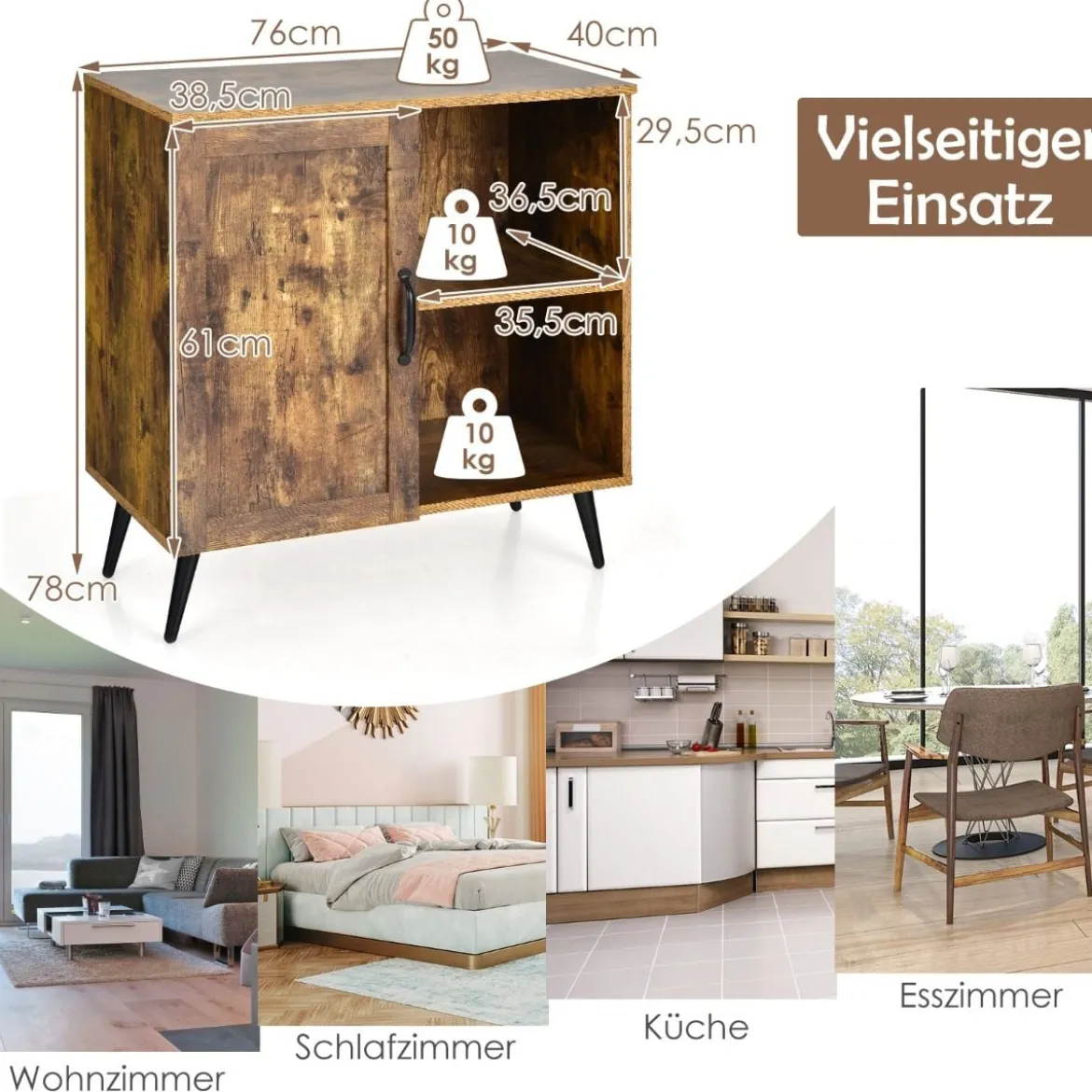 Vintage Sideboard mit 5 Fächern & 2 verstellbarem Regalen multifunktionale Kommode Rustikales Braun