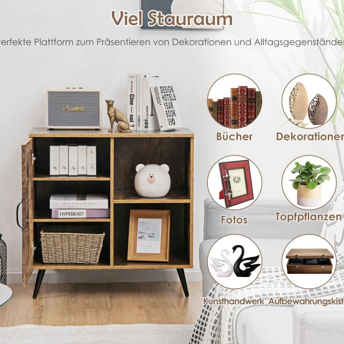Vintage Sideboard mit 5 Fächern & 2 verstellbarem Regalen multifunktionale Kommode Rustikales Braun
