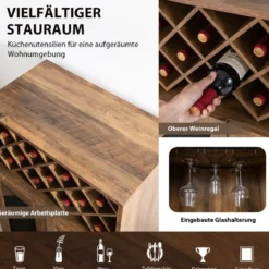 Vintage Weinschrank mit Abnehmbarem Weinregal Barschrank für 11 Weinflaschen & 9 Weingläser Braun