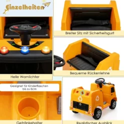 12V Kinder Aufsitz Müllwagen mit Musik Elektroauto mit Vorwärts-/Stop-/Rückwärtsfunktion Gelb