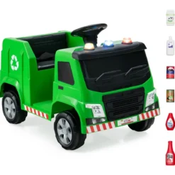 12V Kinder Aufsitz Müllwagen mit Musik & Hupen & Licht & Fernbedienung Grün