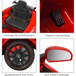 12V Kinderauto mit 2,4G Fernbedienung 3 Gang Elektroauto 3-5km/h mit LED Scheinwerfer Rot