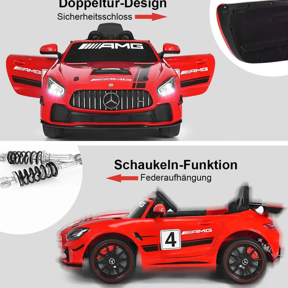 12V Kinderauto mit 2,4G Fernbedienung 3 Gang Elektroauto 3-5km/h mit LED Scheinwerfer Rot