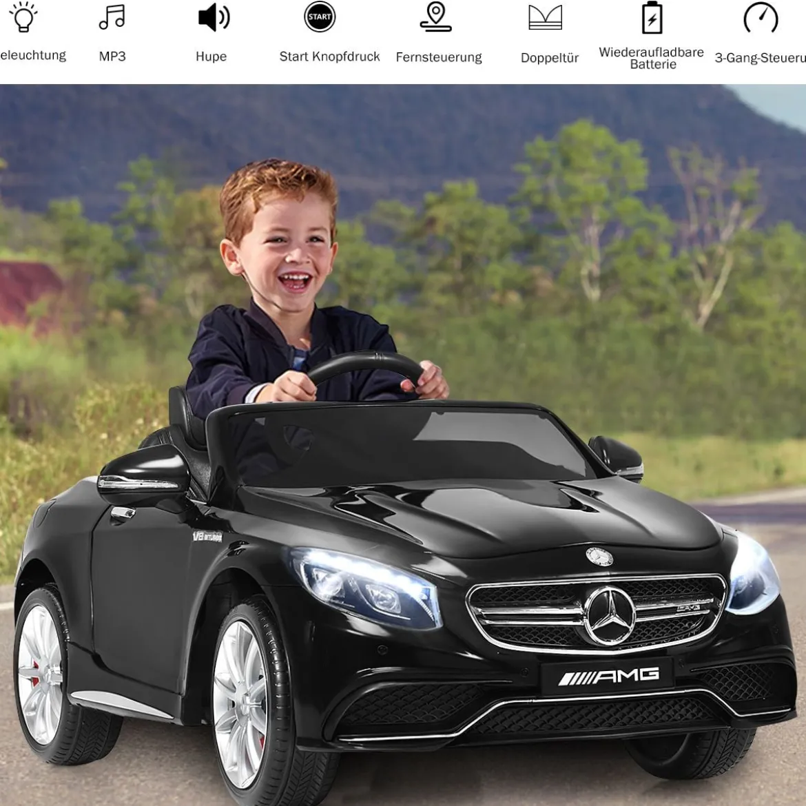 12V Kinderauto mit 2,4G-Fernbedienung Batteriebetriebenes Fahrzeug 120 x 70 x 52 cm Schwarz