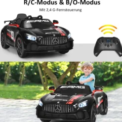 12V Kinderauto mit 2,4G Fernbedienung 3 Gang Elektroauto 3-5km/h mit LED Scheinwerfer Schwarz