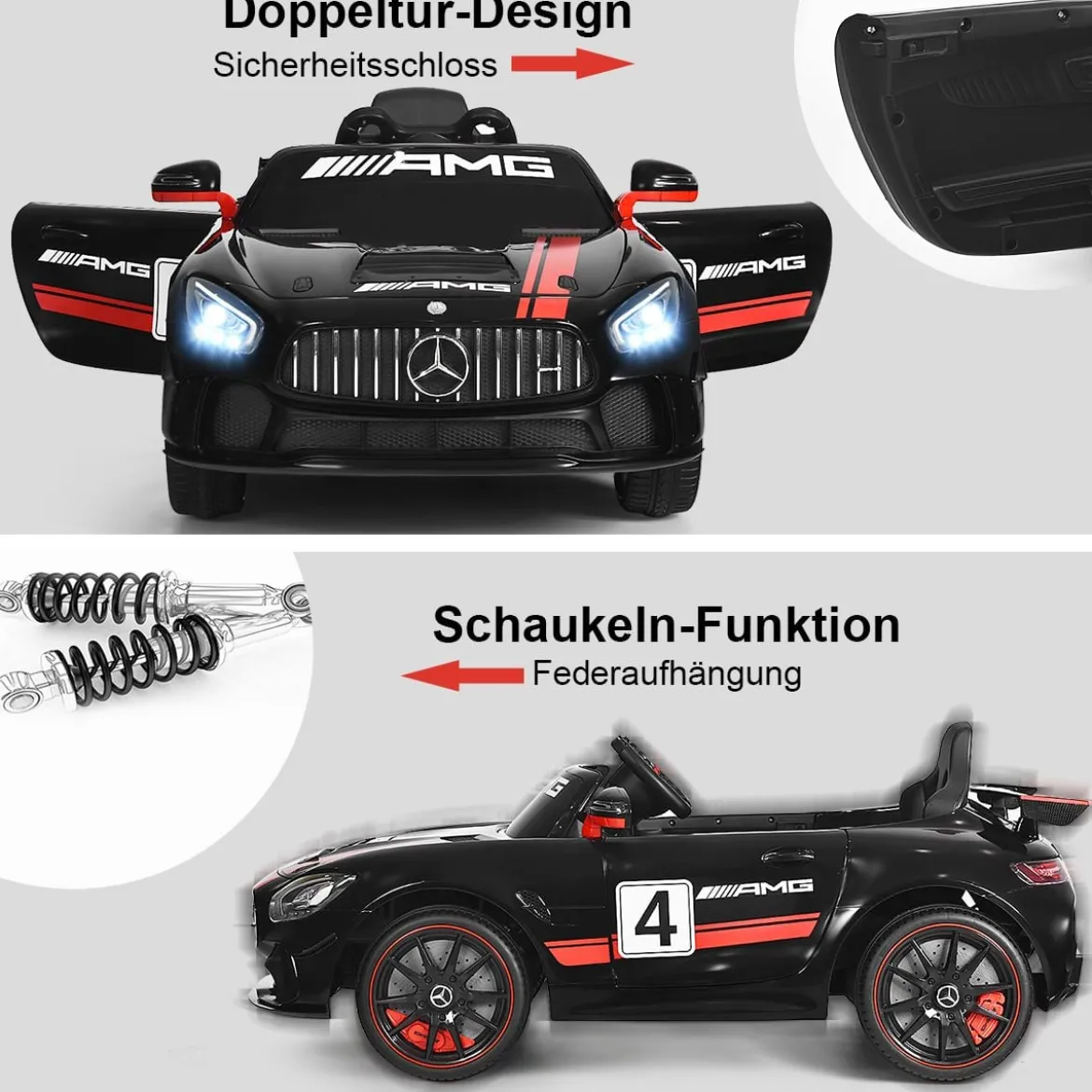 12V Kinderauto mit 2,4G Fernbedienung 3 Gang Elektroauto 3-5km/h mit LED Scheinwerfer Schwarz