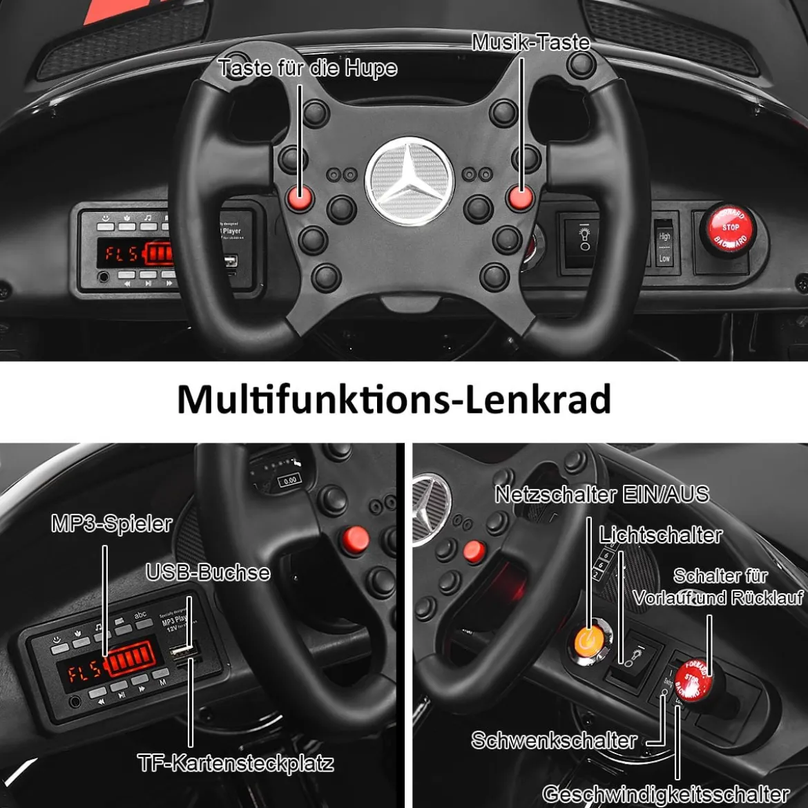 12V Kinderauto mit 2,4G Fernbedienung 3 Gang Elektroauto 3-5km/h mit LED Scheinwerfer Schwarz