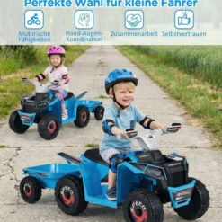 6V Kinder Elektrischer ATV mit Anhänger Elektrofahrzeug mit verschleißfesten Rädern Blau